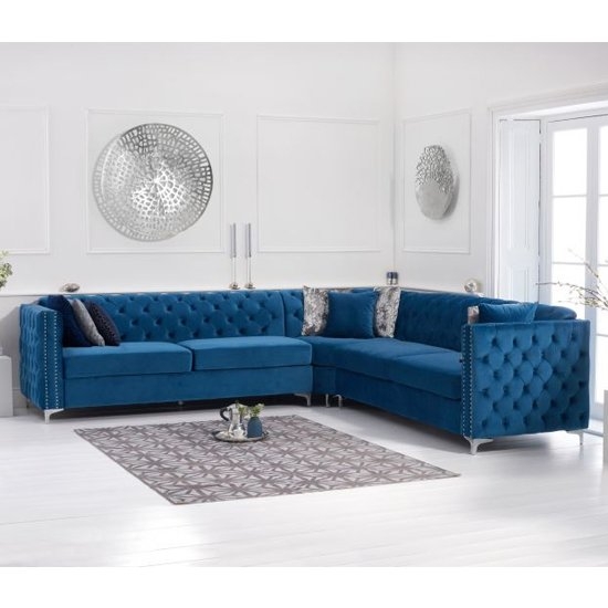 Maxim Velvet Upholstered Corner Sofa In Blue