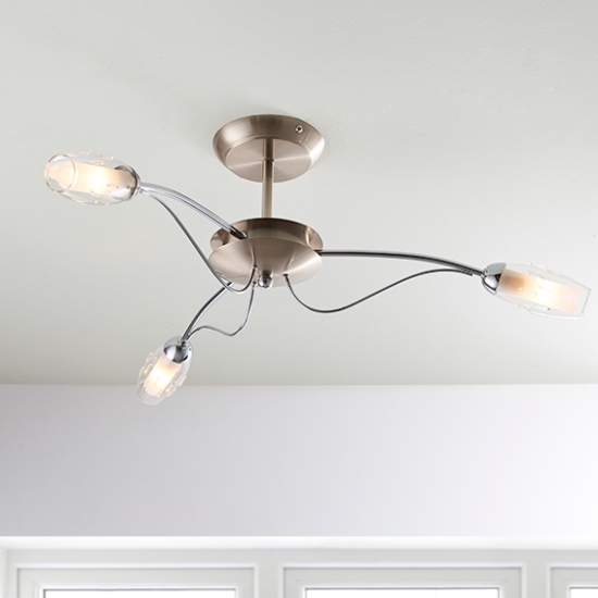 Mercury 3 Lights Clear And Frosted Glass Semi Flush Ceiling Light In Satin Chrome