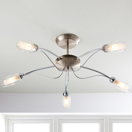 Mercury 5 Lights Clear And Frosted Glass Semi Flush Ceiling Light In Satin Chrome