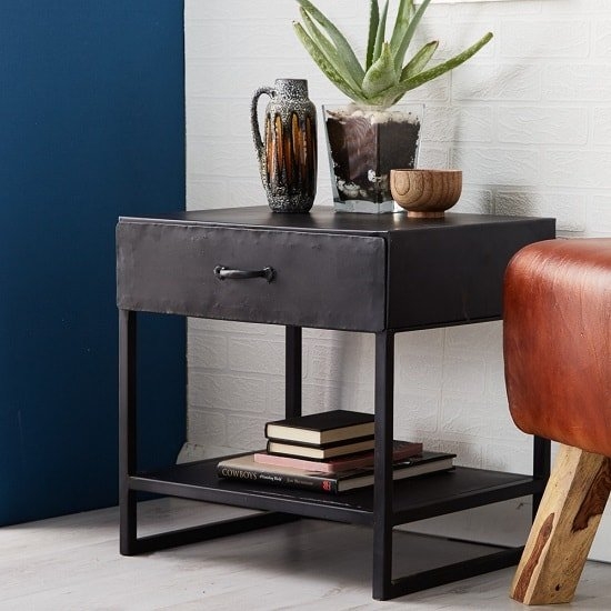 Metalica Metal Lamp Table In Black With 1 Drawer