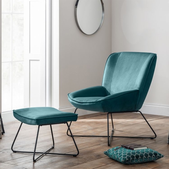 Mila Velvet Upholstered Accent Chair And Stool In Teal