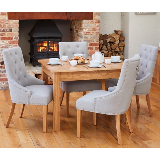 Mobel Large Wooden Dining Table In Oak With 4 Light Grey Armchairs