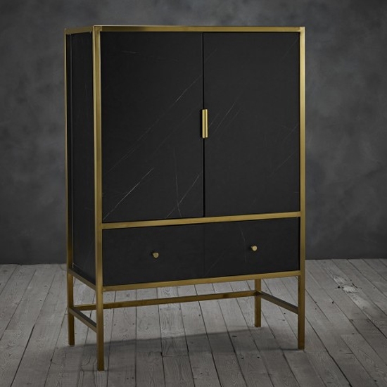 Monaco Black Marble Drinks Cabinet In Gold Metal Frame