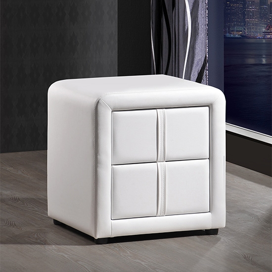 Monaco Faux Leather 2 Drawers Bedside Cabinet In White