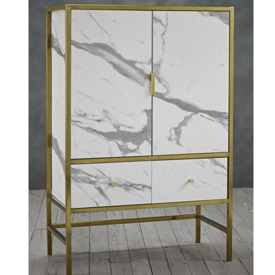 Monaco White Marble Drinks Cabinet In Gold Metal Frame