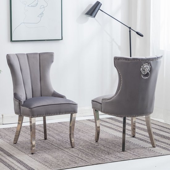 Montpellier Lion Knocker Dark Grey Velvet Dining Chair In Pair