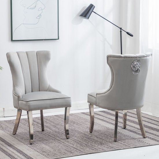 Montpellier Lion Knocker Light Grey Velvet Dining Chair In Pair