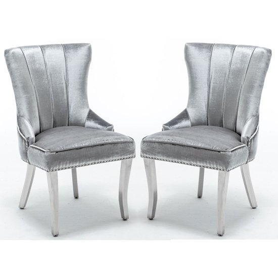 Montpellier Lion Knocker Shimmer Grey Velvet Dining Chair In Pair