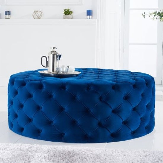 Montrose Large Round Velvet Upholstered Footstool In Blue