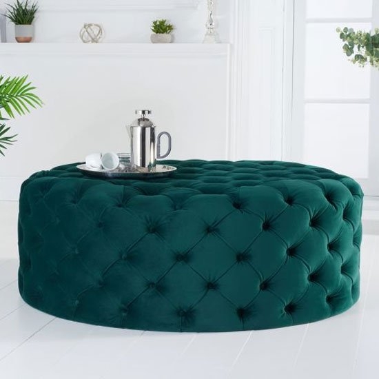 Montrose Large Round Velvet Upholstered Footstool In Green