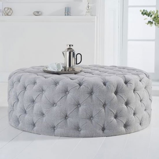 Montrose Large Round Velvet Upholstered Footstool In Grey Plush