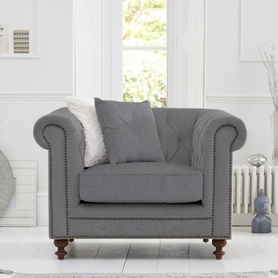 Montrose Linen Fabric Armchair In Grey With Dark Ash Wood Legs