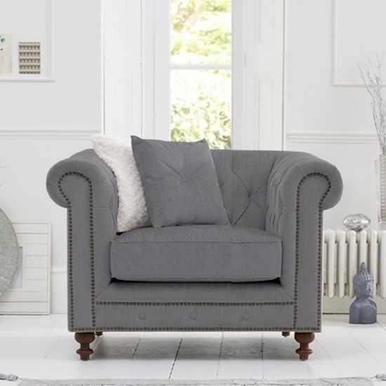 Montrose Linen Fabric Armchair In Grey With Dark Ash Wood Legs