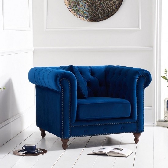 Montrose Plush Fabric Armchair In Blue With Dark Ash Wood Legs