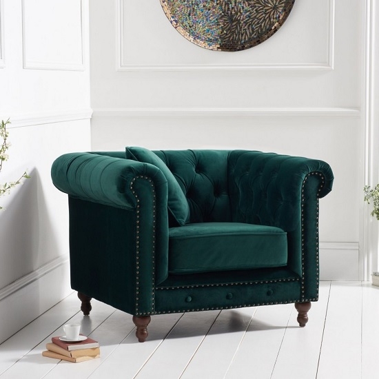 Montrose Plush Fabric Armchair In Green With Dark Ash Wood Legs