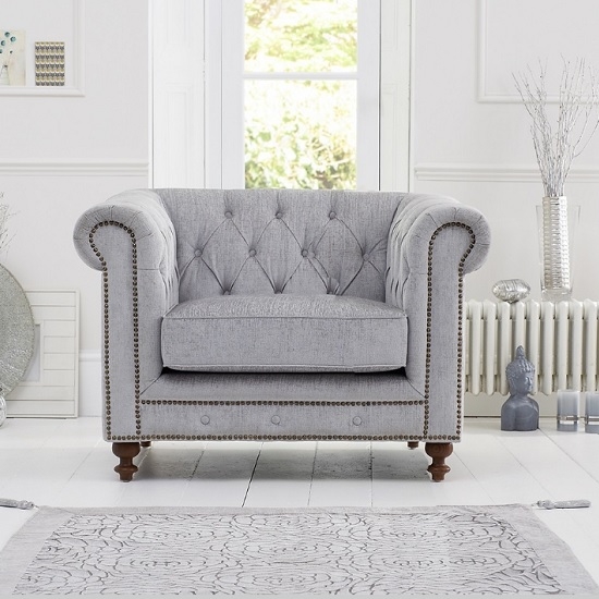 Montrose Plush Fabric Armchair In Grey With Dark Ash Wood Legs