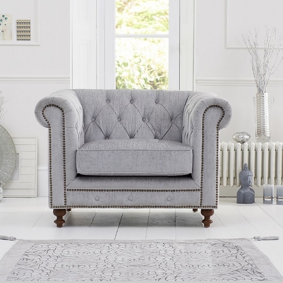 Montrose Plush Fabric Armchair In Grey With Dark Ash Wood Legs