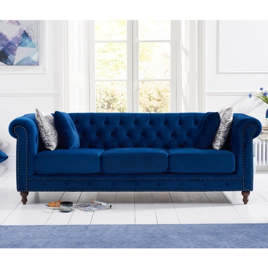 Montrose Plush Fabric Upholstered 3 Seater Sofa In Blue
