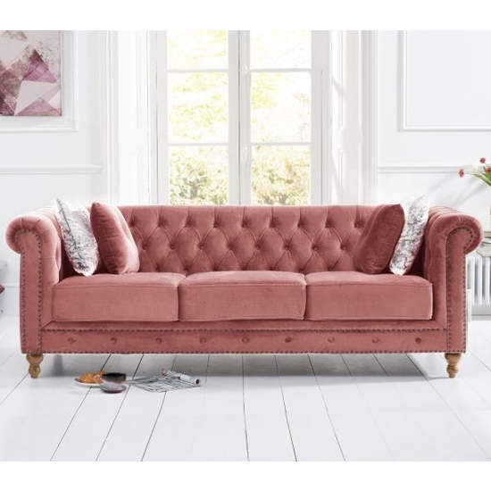 Montrose Plush Fabric Upholstered 3 Seater Sofa In Blush