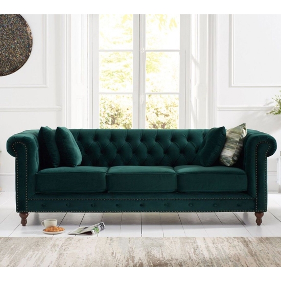 Montrose Plush Fabric Upholstered 3 Seater Sofa In Green