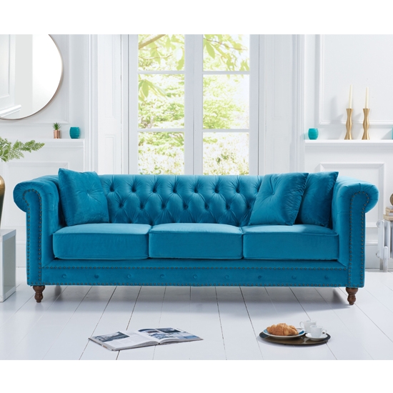 Montrose Plush Fabric Upholstered 3 Seater Sofa In Teal