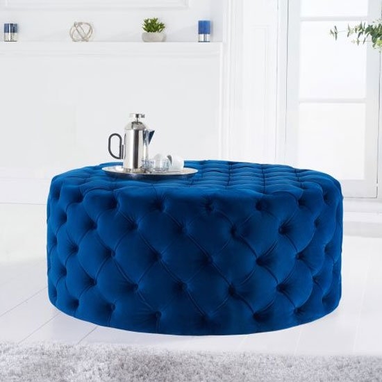 Montrose Round Velvet Upholstered Footstool In Blue