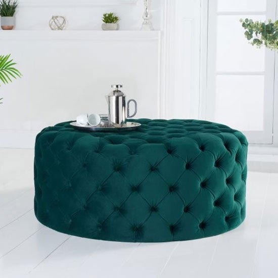 Montrose Round Velvet Upholstered Footstool In Green