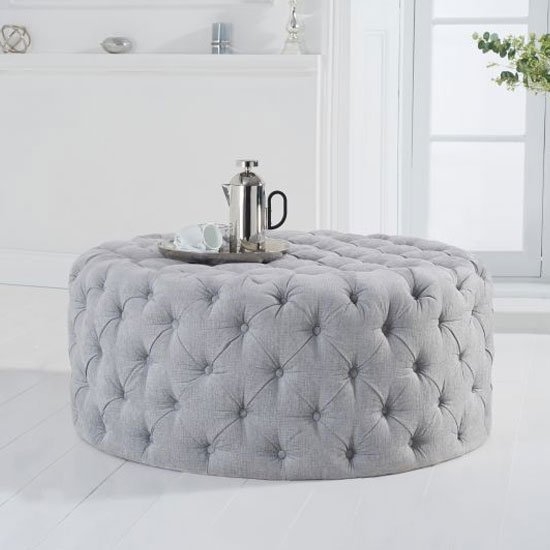 Montrose Round Velvet Upholstered Footstool In Grey Plush