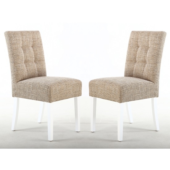 Moseley Tweed Oatmeal Fabric Dining Chairs In Pair With White Legs