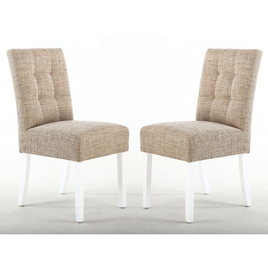 Moseley Tweed Oatmeal Fabric Dining Chairs In Pair With White Legs