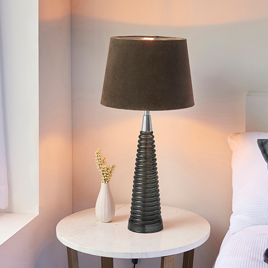 Naia Mocca Velvet Shade Table Lamp In Dark Grey Ribbed Glass Base