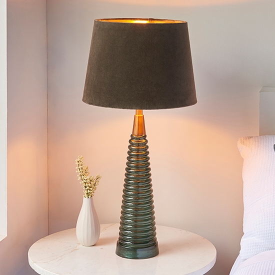 Naia Mocca Velvet Shade Table Lamp In Teal Ribbed Glass Base