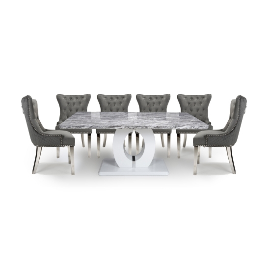 Neptune Large Dining Set With 6 Lionhead Grey Chairs With Silver Legs