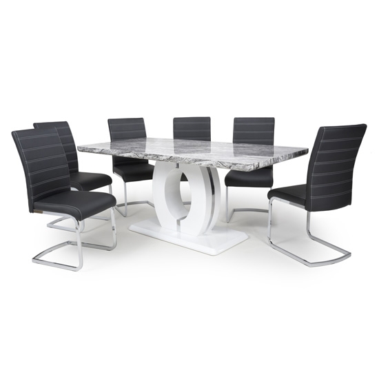 Neptune Large Gloss Grey White Marble Effect Dining Table With 6 Callisto Black Leather Dining Chairs