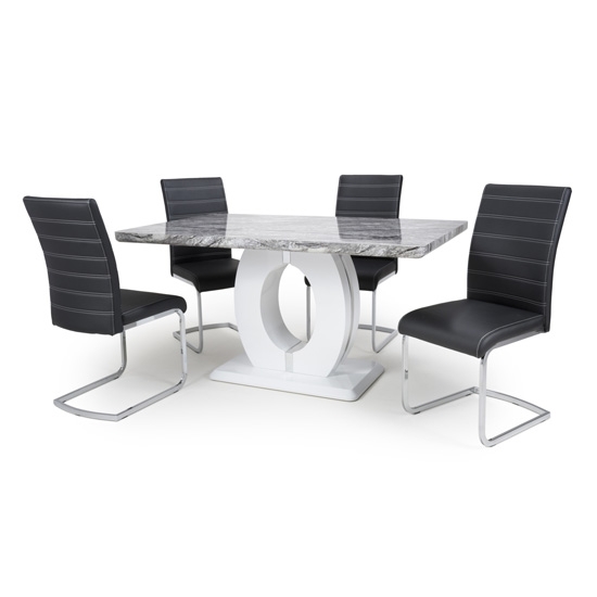 Neptune Medium Gloss Grey White Marble Effect Dining Table With 4 Callisto Black Leather Dining Chairs