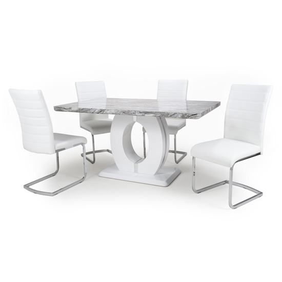 Neptune Medium Gloss Grey White Marble Effect Dining Table With 4 Callisto White Leather Dining Chairs