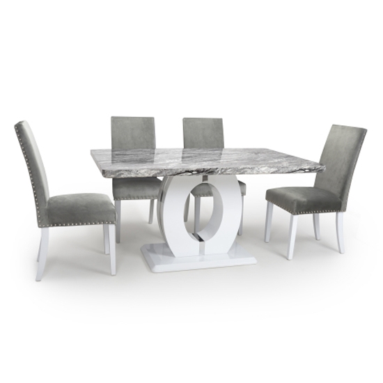 Neptune Medium Gloss Grey White Marble Effect Dining Table With 4 Randall Grey Brushed Velvet Chairs