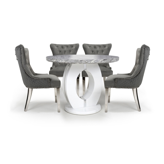 Neptune Round Dining Set With 4 Lionhead Grey Chairs With Silver Legs