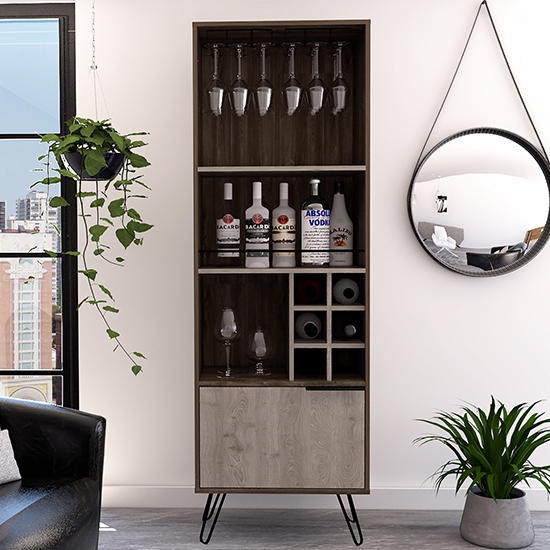 Nevada Wooden Tall Drinks Cabinet In Smoked Oak Effect