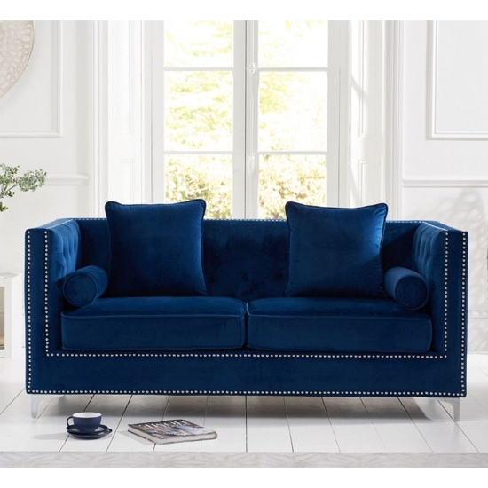 New England Velvet Upholstered 3 Seater Sofa In Blue