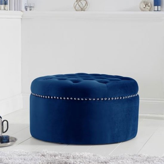 New England Velvet Upholstered Footstool In Blue