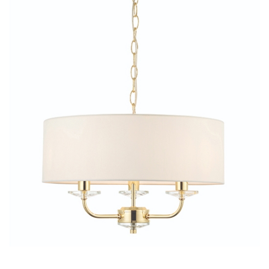 Nixon 3 Lights Vintage White Fabric Ceiling Pendant Light In Brass