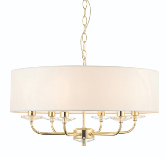 Nixon 6 Lights Vintage White Fabric Ceiling Pendant Light In Brass