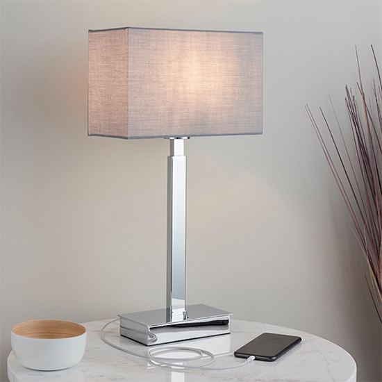 Norton Rectangular Grey Shade Table Lamp With Usb In Polished Chrome
