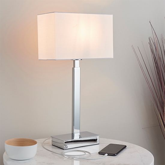 Norton Rectangular Vintage White Shade Table Lamp With Usb In Polished Chrome