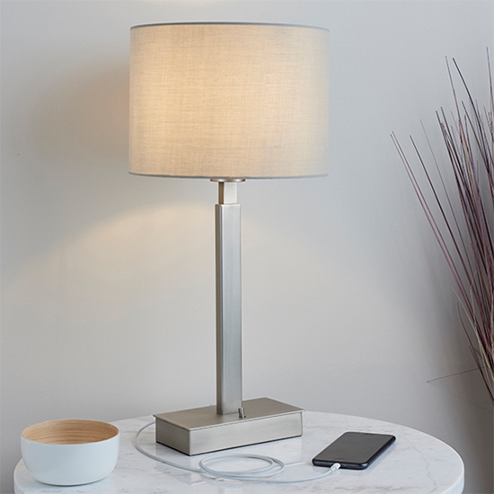 Norton Taupe Cylinder Shade Table Lamp With Usb In Matt Nickel