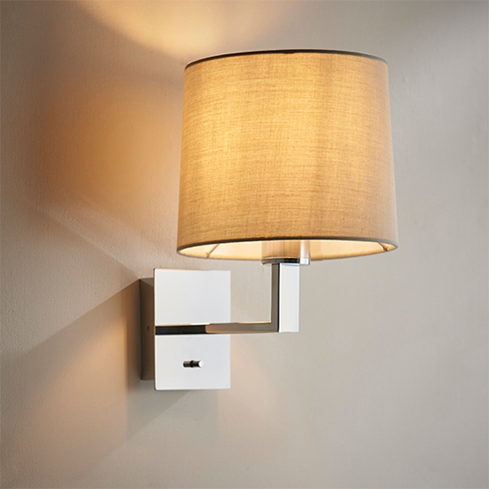 Norton Taupe Fabric Taper Cylinder Shade Wall Light In Polished Chrome