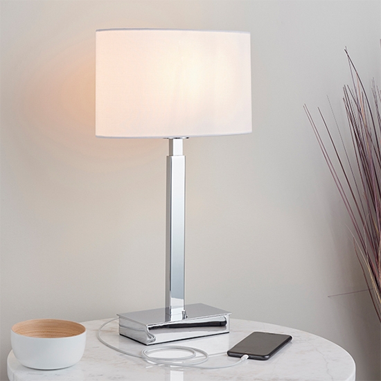 Norton Vintage White Ellipse Shade Table Lamp With Usb In Polished Chrome