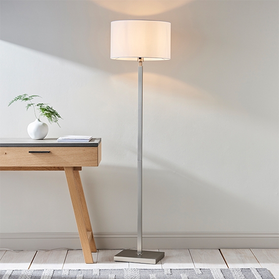 Norton Vintage White Fabric Cylinder Shade Floor Lamp In Matt Nickel
