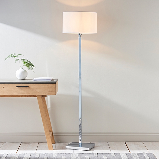 Norton Vintage White Fabric Cylinder Shade Floor Lamp In Polished Chrome